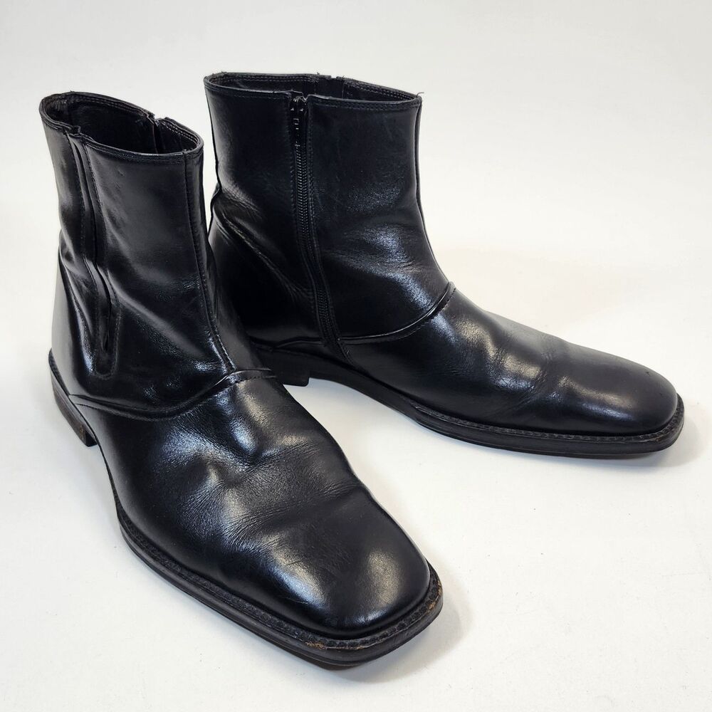 Johnston & Murphy Mens 12 Black Leather Side Zip Ankle Boots Romania Square Toe